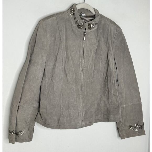 Pamela McCoy 100% Suede Leather Gray Beaded Sequin Zip Jacket Size Large - Picture 2 of 13